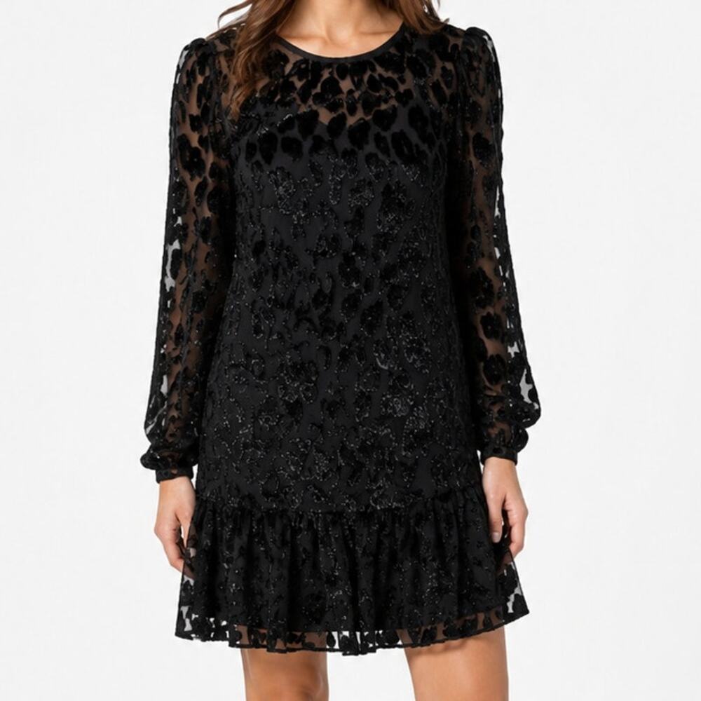 J.Crew Velvet Burnout Leopard Dress Womens 4 Black Sheer Long Sleeve Ruffle